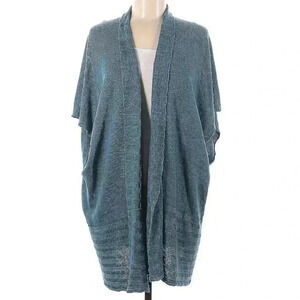 Eskandar 100% Linen Kimono Sleeve Open Front Jacket Blue Cardigan Shawl Sweater